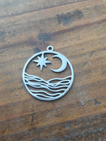 P7011  ONE (1) Silver Plated Metal Moon/Star Pendant