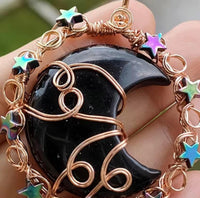 J1168  ONE (1) Rose-gold Wire Wrapped Half Moon Pendant “Obsidian”