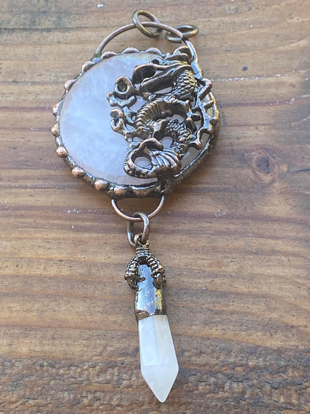 P5122  Hand Altered Boho Rose Quartz Dragon Pendant