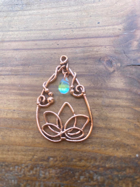 P3366  ONE (1) Copper Metal Lotus Teardrop Pendant with Crystal Drop