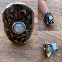 J1114.1  Beautiful Moonstone Center with Moon/Stars Etched in Tibetan Silver