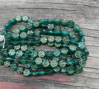 B3404  FULL Strand of Pressed Czech Glass Celtic Beads “Emerald”