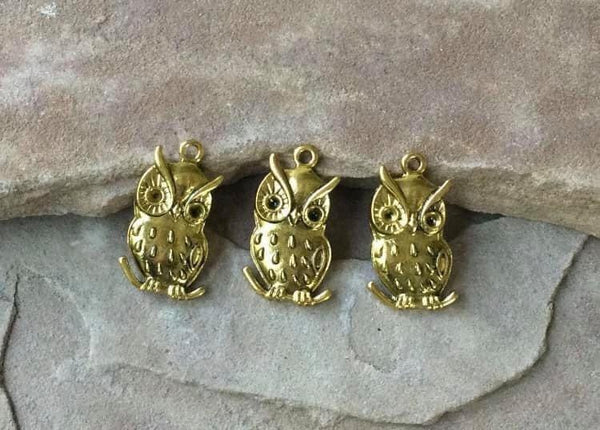 M0454  THREE (3) Gold Plated Metal Owl Charms/Pendants