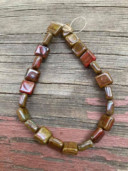 B4313  FULL Strand of Czech Glass Square Beads “Dark Red/Picasso Finish”