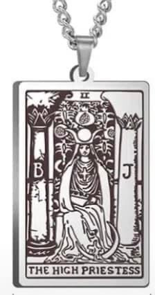 J0665  ONE (1) Stainless Steel Etched Tarot Card Necklace “The High Priestess”