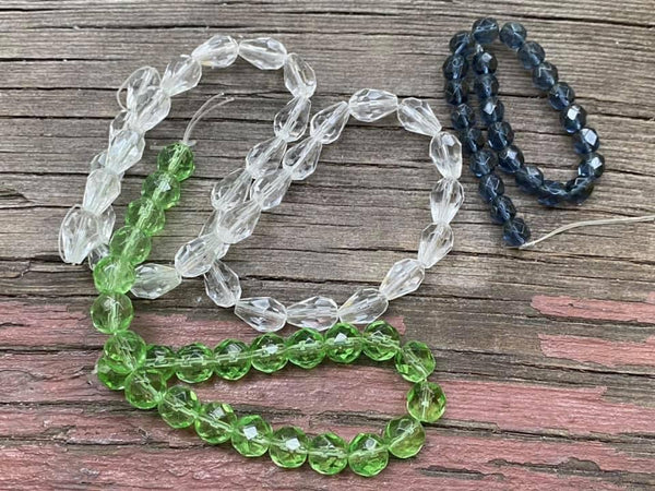 B3962  THREE (3) FULL Strands of Glass Beads “Clear/Green/Blue”