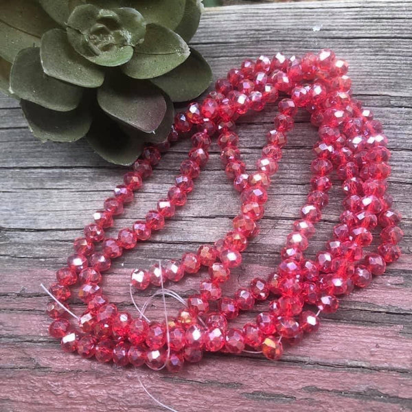 B3800  TWO (2) FULL Strands of Faceted Crystal Rondelle Beads “Red/AB Finish”