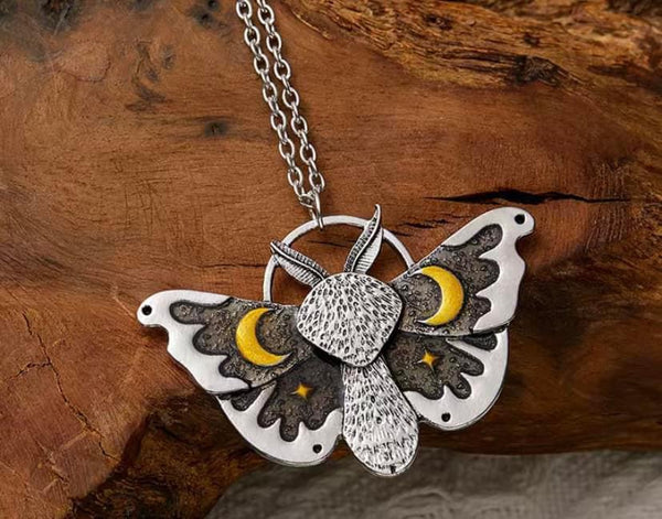 J5531  ONE (1) Stainless Steel Metal Moth and Moon Pendant