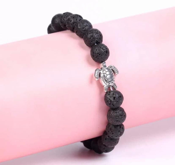 J0618  Handmade Lava Rock Stone with Silver Plated Turtle Bracelet