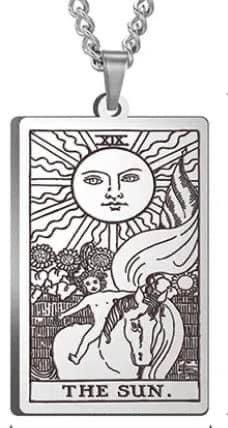 J0659  ONE (1) Stainless Steel Etched Tarot Card Necklace “The Sun”