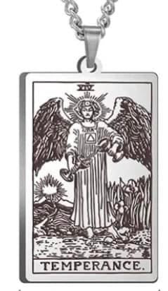 J0652  ONE (1) Stainless Steel Etched Tarot Card Necklace “Temperance”