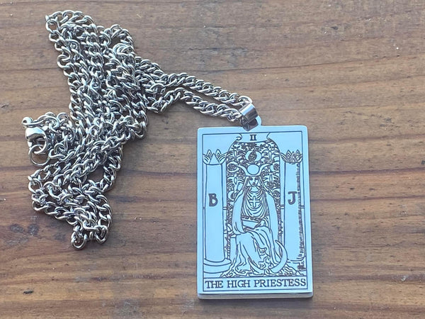 J4305  ONE (1) Etched Metal Tarot Card Necklace “The High Priestess”