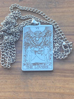 J4307   ONE (1) Etched Metal Tarot Card Necklace “Lover’s”