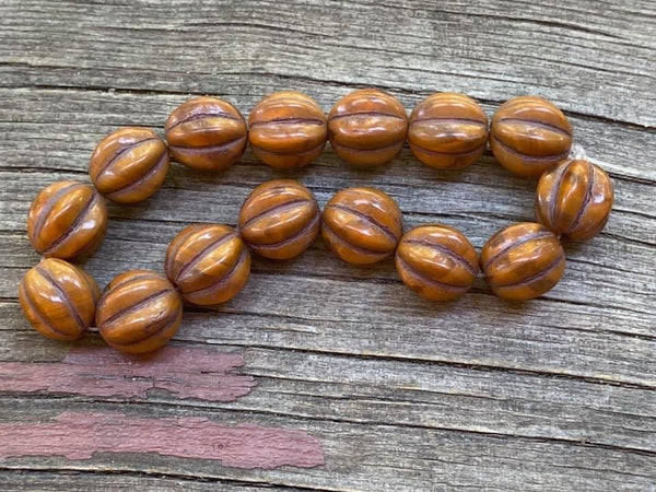 B3442  FULL Strand of Czech Glass Melon Beads “Browns”