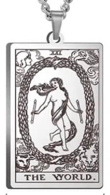 J0658  ONE (1) Stainless Steel Etched Tarot Card Necklace “The World”