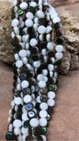 B2077  FULL Strand of TWENTY FIVE (25) Czech Glass Lentil shape Beads “Opaque White/Dark Vetrail”