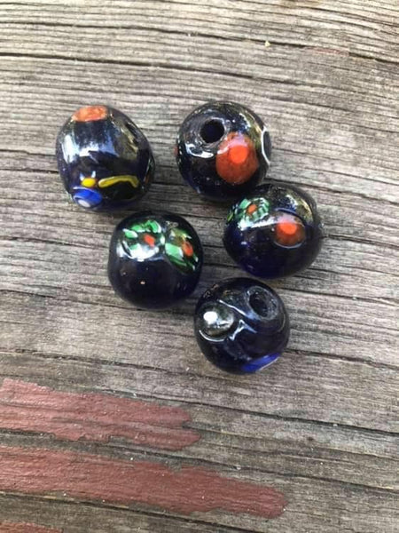 B2707  FIVE (5) Vintage Handmade Lamp Work Glass Trade Beads “Blues”  Millefiori