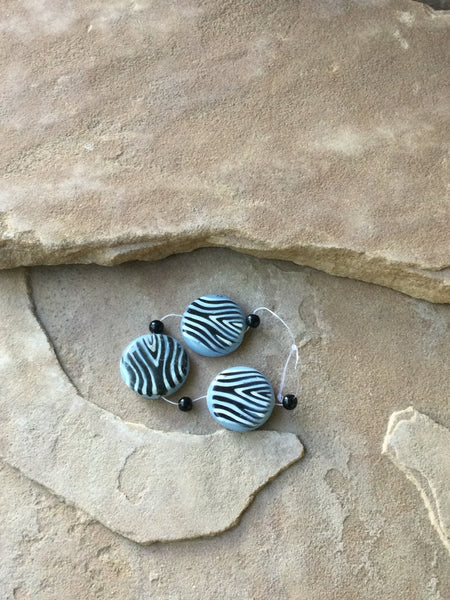 B2880 THREE (3) Zebra Striped on Blue Glass Beads with Black Glass Spacers