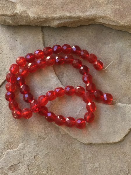 B2950  FULL Strand of Red Faceted Glass Beads