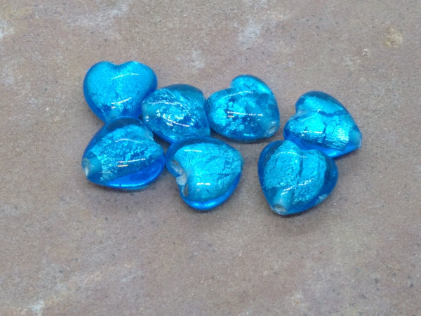 B3261  SEVEN (7) Foiled Glass Heart Beads “Blue”