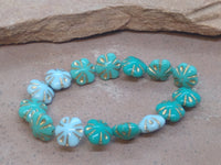 B3377  FULL Strand of Czech Glass Flower Beads “Teal/White/Gold Trim“