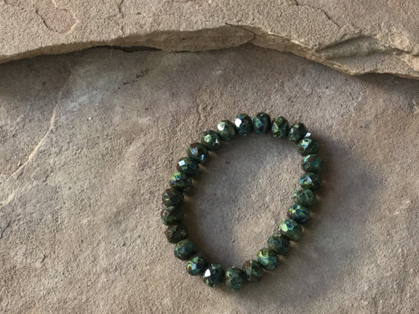 B3572  FULL Strand of Faceted Czech Glass Rondelle Beads “Dark Green/Black/AB Finish”