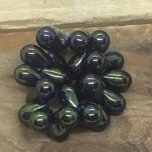 B3589  FULL Strand of Czech Glass Teardrop Beads “Green/Picasso”