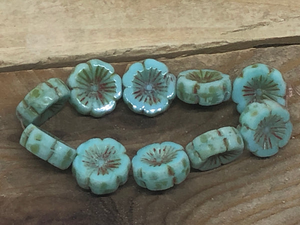 B3592  FULL Strand of Pressed Czech Glass Flower Beads “Turquoise Blue/Copper”