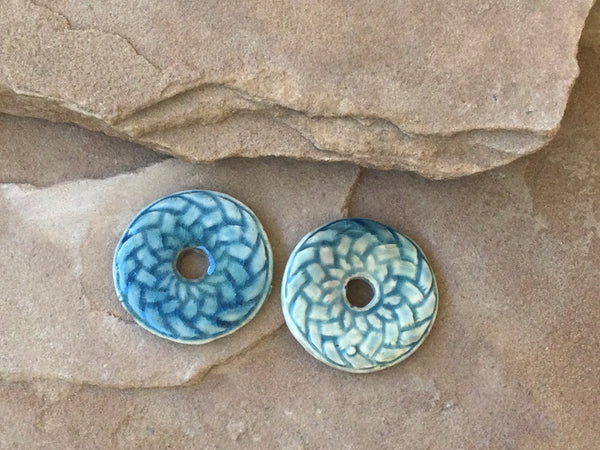 B3867  TWO (2) Double Sided Ceramic Raku Glazed Pendants