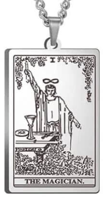 J0657  ONE (1) Stainless Steel Etched Tarot Card Necklace “Magician”