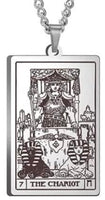 J0654  ONE (1) Stainless Steel Etched Tarot Card Necklace “Chariot”