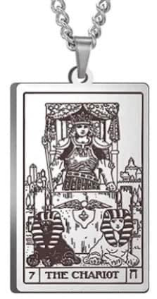 J0654  ONE (1) Stainless Steel Etched Tarot Card Necklace “Chariot”