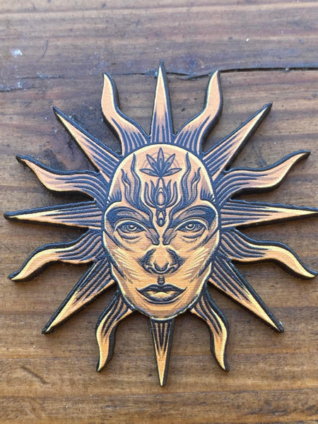 CAB0722  ONE (1) Hand Painted Laser Cut Wooden Sun Cabochon “Tribal”