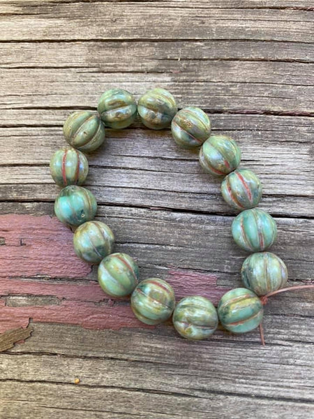 B3305  FULL Strand of Czech Glass Melon Beads “Sea Green/Picasso Finish”