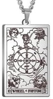 J0662  ONE (1) Stainless Steel Etched Tarot Card Necklace “Wheel of Fortune”