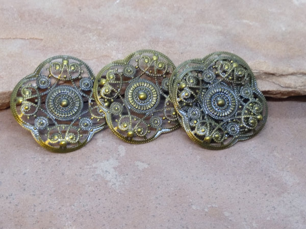 M0329  THREE (3) Antique Gold Plated Filigree Pendants/Connectors