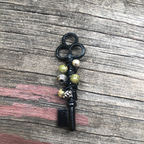 P0151  Hand Crafted Black Skeleton Key Pendant Wire wrapped with Unakite & Silver Beads