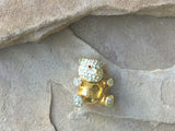 V0104  Vintage Gold Plated and White Rhinestoned Bear Brooch