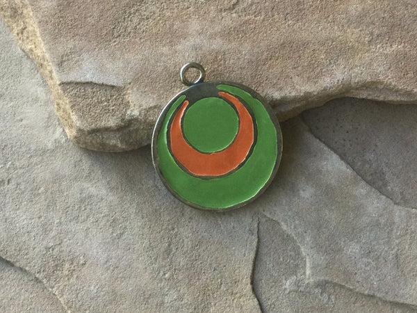 V0112  Vintage Silver Metal Pendant “Orange/Lime Green”