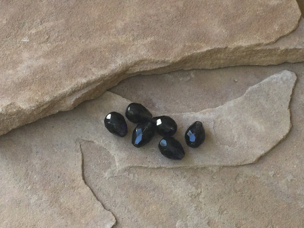 V0482    Set of SIX (6) Vintage Faceted Teardrop Crystal Beads “Midnight Black/Blue” Circa 1979