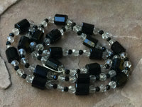 V0975  FULL Strand of Vintage Czech Glass and Onyx Tube Bead Strand Circa 60’s